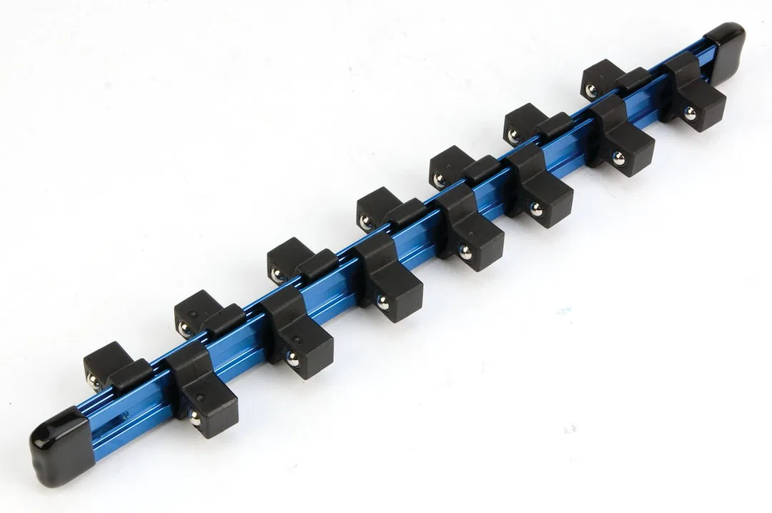W32004 – PERFORM TOOL Socket Storage Rail, 1/2 Inch Drive 12-1/4 Inch Length Blue Double Sided Aluminum Single With S...